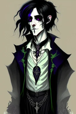 black haired young man necromancer wizard with gothic jewelry in the style of hp lovecraft