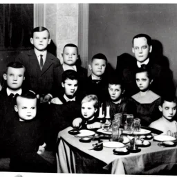 Creepy old photo of minecraft people sitting at dinner with weird children