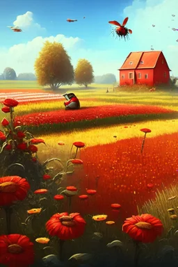 field, farm, scarecrow, plants, red flowers, grass, sky, bees, honey, bee houses, trees, fountain, flowers, brown board