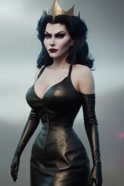 Amy Dumas as evil queen in black leather gown, evil, busty, cleavage, curvy, angry, stern look. character design by cory loftis, fenghua zhong, ryohei hase, ismail inceoglu and ruan jia. unreal engine 5, artistic lighting, highly detailed, photorealistic, fantasy