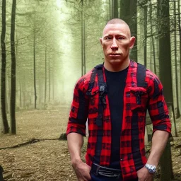 Georges st pierre with a red plaid shirt, a backpack and a gun in a creepy forest