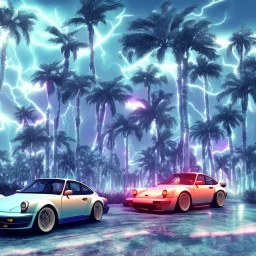 1980's aesthetic vaporwave palm trees and spheres and Porsche with lightning