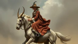 Elderly aristocratic lady riding on a centaur's back. Fantasy, photographic quality and detail, award-winning image.