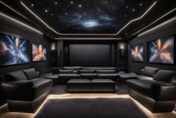 a black themed dedicated home cinema room with LED ambient lighting in the walls make sure the room is completely symmetrical