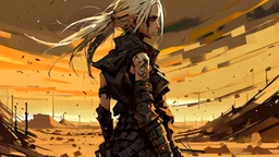 a grumpy cyberpunk girl standing in overdrive in the Mojave desert, side view, impasto, minimal, splash art, wide angle, centered, distant horizon, spacious scene, harsh contrasts, scattered tint leaks, sparse thick brushstrokes, glitch cracks, (zigzag destroy:1.8), warm colors of sand yellow, beige, orange and black