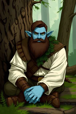 Firbolg, Ranger, Short Beard, In a forest, Dark Brown Hair, Gentle Giant, Leather Armor, Pale Blue Skin, Pine Needles on Armor, Green Eyes, Short Hair, Long Floppy Ears, Mid-20's, Against a tree, sitting down, legs crossed, relaxing, White Shirt, Pine Needles, Fir