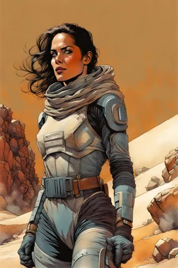 create a fine art print illustration of a rugged Fremen female warrior , clothed in a handmade stillsuit of muted greys and browns with highly detailed feminine facial features, traversing a a rocky outcrop amidst the desert sands of Arrakis, dusty, gritty, in the comic book art style of Bill Sienkiewicz, and Jean Giraud Moebius, finely textured, drawn, colored, and inked