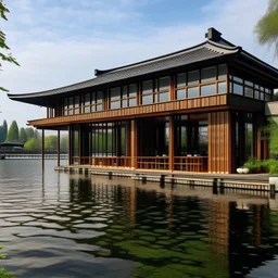 fachada de un restaurante moderno japones en un lago