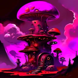 A fantabulous black, orange, and magenta (((mushroom tower house))) erected atop a (geologic pillar), surrounded by the uncanny imaginative ((( swirling skies))), offset by the stark hues of a (neon-tinged nebulous space scape), within. captured by the hand a skilled master painter with a focus on (softly blurred compositions and voluminous lighting).