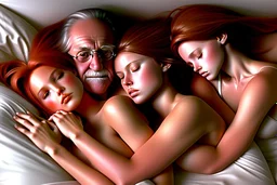 digital art of beautiful auburn hair teenage laracroft girls with grandpa in a bed, hugging grandpa bare lips