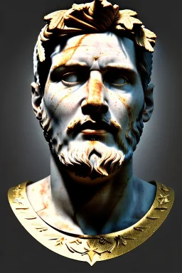 Ultra Realistic image, Roman sculpture, white marble material, Lionel Messi, gold Laurel leaves wreath, renaissance ornaments, one gold star in heart, sun ornament, sun rays background, chisel style, waist up portrait, emperor style, epic, celestial, cinematic lighting, God light, god rays, 4k resolution, smooth details, ornate details, soft lighting, unreal engine 5, art station, substance 3d.