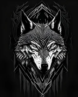 a tshirt design of Satanic wolf, symmetrical, low details, digital art, solid colors, sharp focus, trending on art station, print art, black and white, empty background