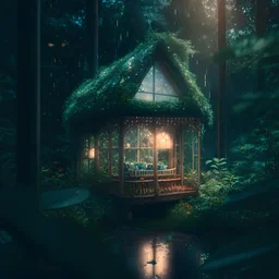 terrario with universe in, A cottage in the middle of a woods, with a rocking chair on its porch. Surrounded by lush greenery, and light rain falling. Comforting, high lighting, intricate, 8k, macro photography