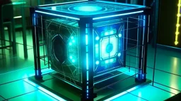 Cube tesseract from movie Loki. Located strictly in the middle of picture with space around it and with navy blue/green glow inside tesseract. Without surface/table on which it stay.