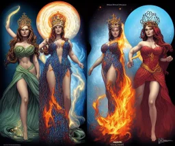 Four doll divine representing each one the four elements: fire, earth, air, and water. Mark Brooks and Dan Mumford, comic book art, perfect, smooth elemental galactic space core royalty queens crown.