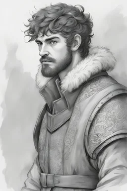 man, age 20, medieval, fighter, russian, croocked nose, czar, rich, simple clothes, short messy hair, thick beard, oligarch, leather coat with fur, brocade clothes, pencil drawing, black or red hair