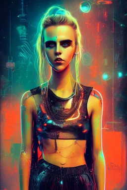 Danish Singer MØ cyberpunk, orange tones, high lighting