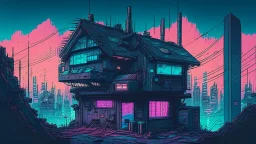 small german Cabin, In cyberpunk city-skyline, comic style, realistic coloring