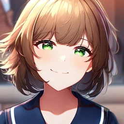 Clear focus,High resolution, brown short fluffy hair, long fluffy bangs, and green eyes, Depressed girl, wearing a sailor uniform, Smug smile, half closed eyes, smile, Extreme close up,