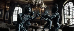Lotsa goths pushing each other with tonfa sticks in dramatic scene in luxury parlour in the style of Giger and Escher
