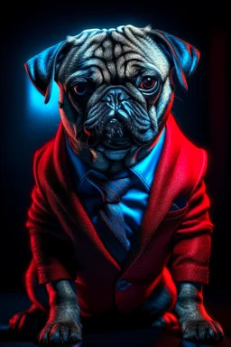 pug in a mega coolsuper blue + Red suit with on his arms and shoulders, hdr, (intricate details, hyperdetailed:1.16), piercing look, cinematic, intense, cinematic composition, cinematic lighting, color grading, focused, (dark background:1.1)