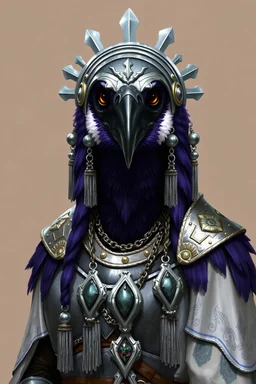 3/4 waist-up portrait of an aarakocra in typical d&d book artstyle. l Wearing ceremonial armor similar in design to ceremonial armor from the Old Republic MMO, but silver. She has purple feathers with black around the eyes and white under her beak and through her neck. Wearing a silver semi-circular headdress, and medium-length chain tassels ending with large amulets with stones inset on each side. Has a sharp black beak, and wears a regal expression.