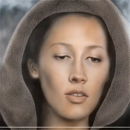 dibujo en grafito hiper realista de rostro mujer 35 años pelo negro suelto labios definidos, de frente tres cuartos perfil