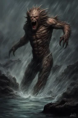 As he headed toward the noise, the shrieking grew louder until it escalated into an unearthly screech that made the hairs on his neck stand up. Breaking into a clearing, he froze at the sight before him. A bizarre creature resembling a misshapen humanoid was leaning over the water, its leathery limbs ending in claws that sliced through the air. When its face turned toward Alex, slitted yellow eyes met his with unbridled malice. It let out an earsplitting shriek and charged. Alex turned to run bu