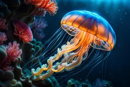under water, intricate details, macro shot glowing strange jellyfish, corals, bulbs, luminance, Cinematic lighting, Volumetric lighting, Epic composition, Photorealism, Bokeh blur, Very high detail, Sony Alpha α7, ISO1900, Character design, Unreal Engine, Octane render, HDR, Subsurface scattering