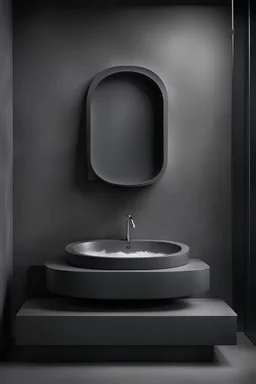 雲石不規則形狀的洗手盤在深灰色的浴室內，現實相片風格，金屬水龍頭出水。