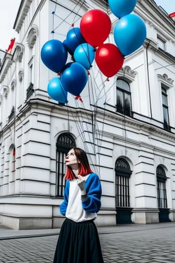 girl holds a string with blue and red balloons, in the background the white facade of a building, style like urban artist Bansky