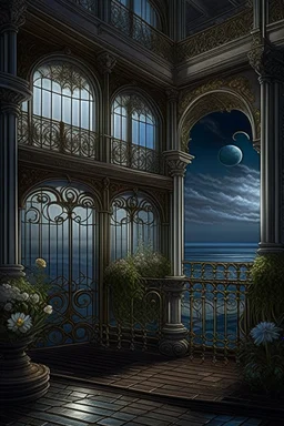 the balcony of the palace, moonlight, beautiful flowers, the surface of the water under the balcony like a mirror, mega-detailed drawing of small fine details, photorealistic drawing with colored pencil + pastel, ink, bright, botanical, fantasy, medieval atmosphere, cinematic, Art Nouveau, the camera is aimed at the object