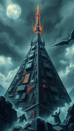 Synthography Art in Bocsh painting style nightmare of The Pyramid shape building with visual details of mechanical and electrical components and chips and components textures with gray clouds stormy weather in the background