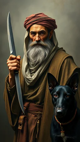 Hieronymus Bosch and Van Gogh styles , an old Arabic princes with Arabic clothes holding a knife , a black dog looking ,at you In foggy smoky background