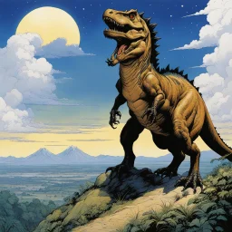 (in the style of Orion, by Masamune Shirow) a t-rex on the top of his hill