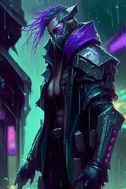 Shen from League of Legends in style cyberpunk in the rain