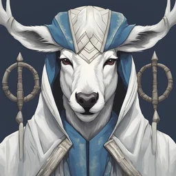 Portrait of a white deer sith with four horns, wearing blue and white robes and a hood