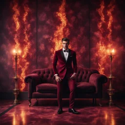 Hyper Realistic Handsome-Muscular-Man Wearing Maroon-&-Black-Velvet-Tuxedo in flame-patterned-vintage-wall with glowing-embers on the floor in a dark-room with fancy-couch-&-fancy-lamps-on-wall