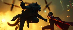 werewolf vs vampire cyberpunk action scene, acrobatic dodge, cape, all seen from drone