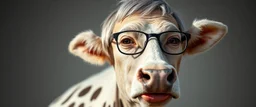 half grey haired half bald Bill Gates with a cow with lipstick mouth