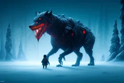 Starvation black monster wolves with red eyes, fight in the ice age Scenery, : concept art::1 cyberpunk::1 splatter paint::1 wide angle lens::2 Zdzislaw Beksinski style, and a little prince boy walks to the Shining Ethereum shape sun, in winter storm, ultra detailed| 4k --v 4