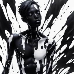 A sihlouette of an inky humanoid male with black and white skin, spilling black and white paint all over the place, dreamy, surreal, anime, no face