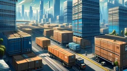 A conveyor belt carrying boxes and trucks, with science fiction-style high-rise buildings all around, like the business center of big cities