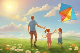 a father, a girl and a boy with a kite flying in the sky on the green field with flowers in sunshine