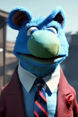 Realistic image, hybrid formed by simple blue muppet head and real human body, Shirt and tie, concept art, smooth, unreal engine 5, god lights, ray tracing, RTX, lumen lighting, ultra detail, volumetric lighting, 3d, finely drawn, high definition, 4k.