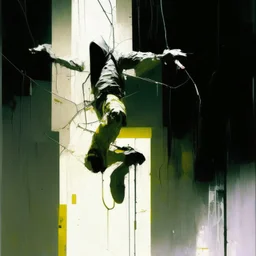 Minimal abstract oil paintings falling person limbs sinew. Wearing hazmat suit. concrete fragments architecture and hanging wires illuminated at night style of Justin Mortimer and Phil Hale and Ashley Wood