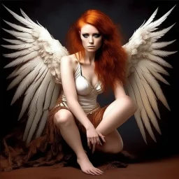 A beautiful woman with wild red hair, feathered wings, legs like a hawk, clawed hands.
