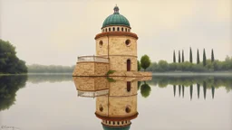 An ancient, weathered stone building with a green domed roof stands tall in the center of the image, reflected perfectly in the still, calm water below. A delicate white balustrade extends from the side of the building, also mirrored in the water. The building is surrounded by a lush, green treeline and tall, slender cypress trees on the horizon. The sky is overcast with soft, muted colors, contributing to the serene and timeless atmosphere of the painting. The overall style is realistic with a