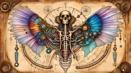 Leonardo da Vinci schematic of a Colorful and vibrant (Diaphanized:1.5) steampunk ferret skeleton with colorfully stained bones and cartilage, (jeweled schematic background:1.5), Liquid Structure, Flying Petals, Sparks, Lightning, Splash, H.R. Giger, Portrait Photography, Fantasy Background, Intricate Patterns, Ultra Detailed, Luminous, Radiance, Ultra Realism, Complex Details, Intricate Details, 16k, HDR, High Quality, Trending On Artstation, Sharp Focus, Studio Photo, Intricate Details, Highly
