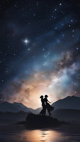 an image of a couple dancing gracefully under a starlit sky. Emphasize the celestial setting, capturing the magic and romance of the night